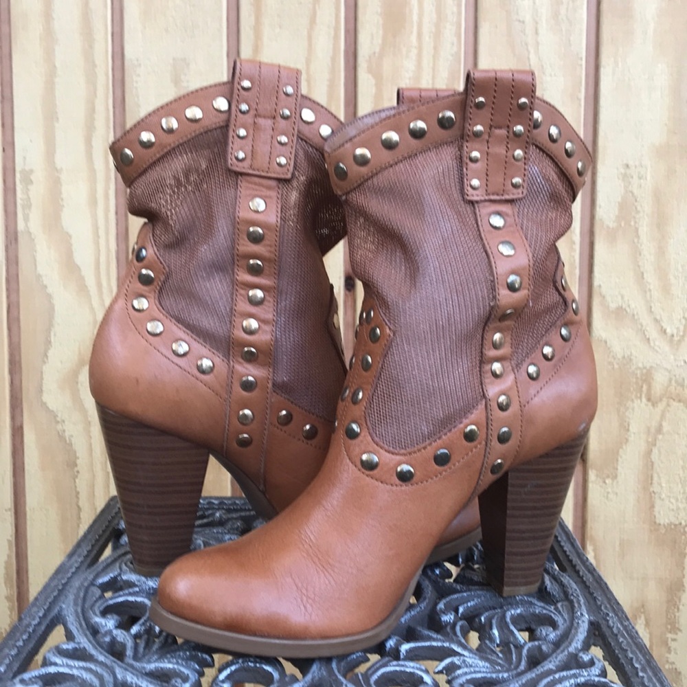 BCBG Chestnut Brown Cowboy Heel Bootie w Gold Stud